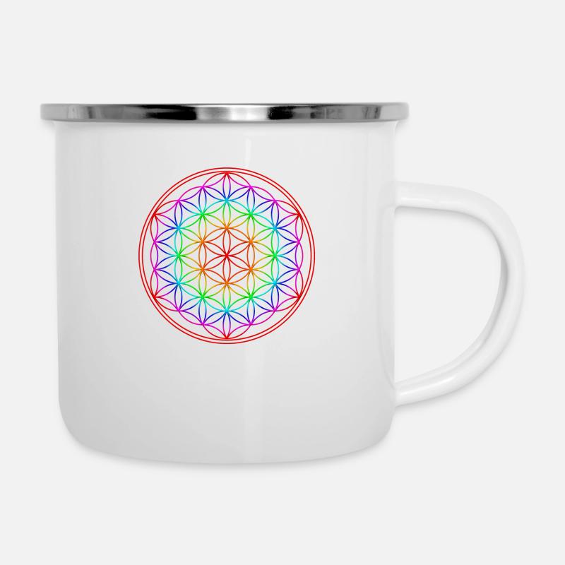 Blume des Lebens Regenbogen Yoga Heilige Geometrie - Emaille-Tasse - Weiß
