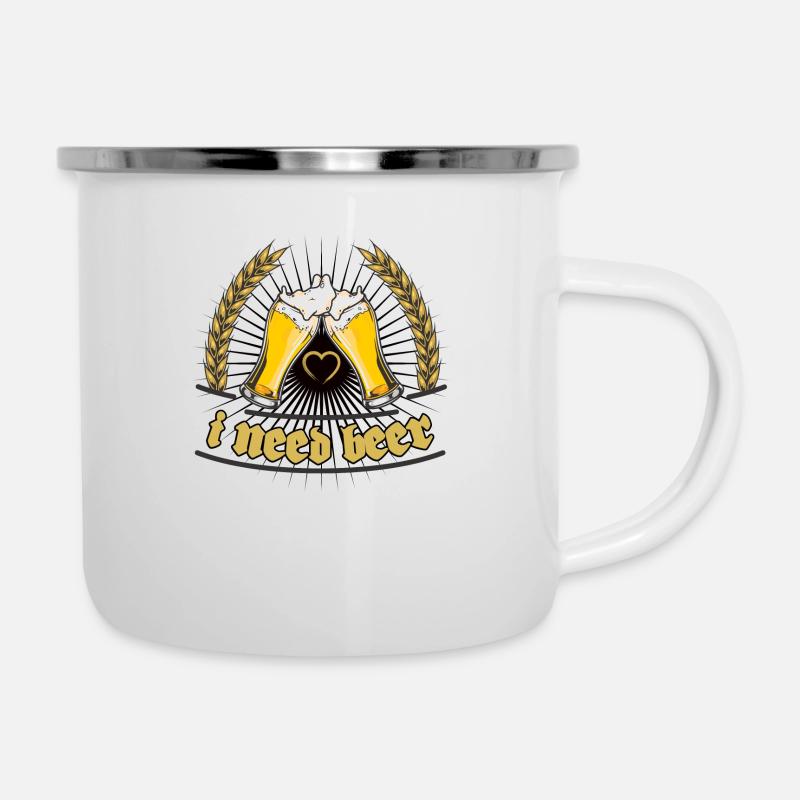 "I need beer" Design - Emaille-Tasse - Weiß