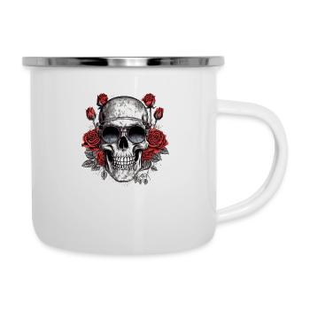 Cooler Hipster Totenkopf mit Brille und Rosen - Emaille-Tasse - Weiß - Rechts