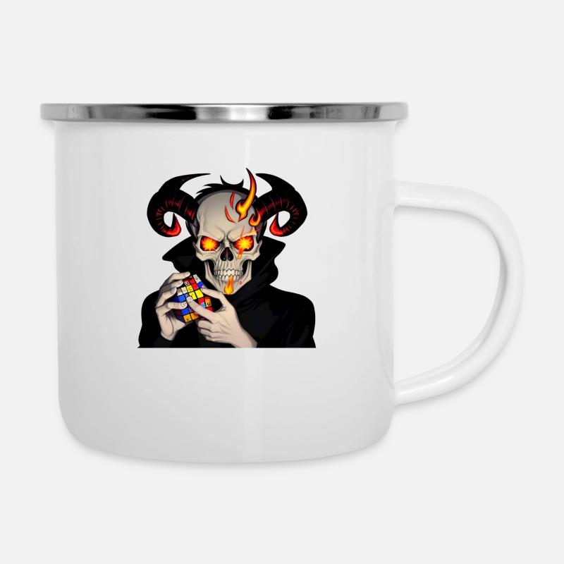 Horned skull | Solving his cursed puzzle cube - Camper Mug - white