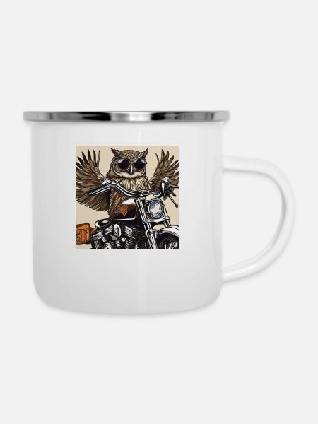 Rocker Eule - Emaille-Tasse - Weiß