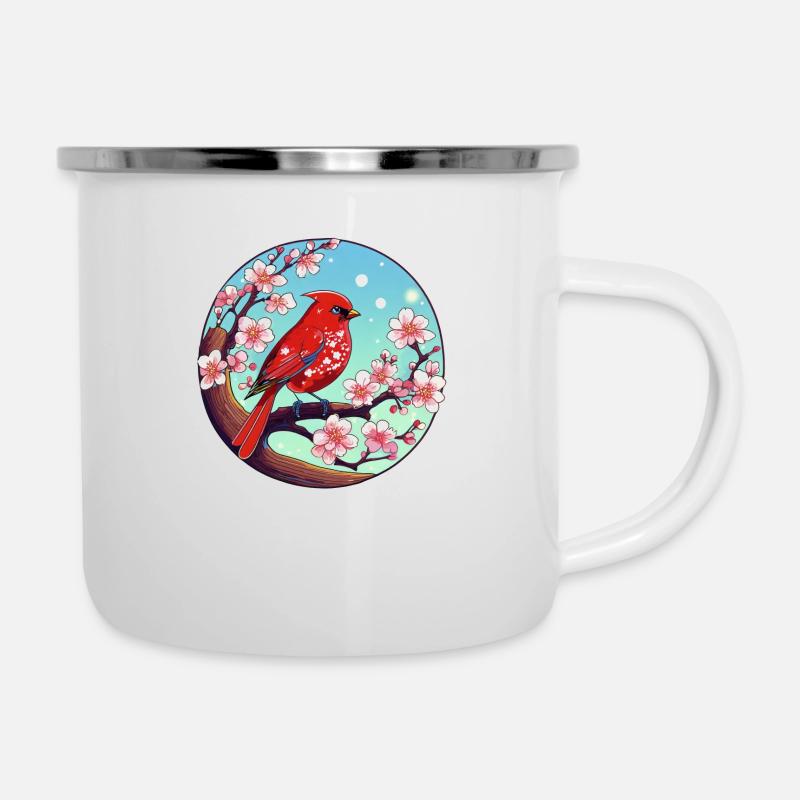 Roter Kardinal auf einem Kirschblütenzweig - Emaille-Tasse - Weiß