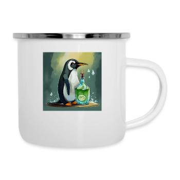 Pinguin mit einer Gin-Tonic-Flasche - Emaille-Tasse - Weiß - Rechts