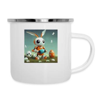 süßer kleiner orangefarbener Vintage-Roboter ist Osterhase - Emaille-Tasse - Weiß - Rechts
