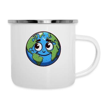 Glücklich lächelnde Erd-Zeichentrickfigur - Emaille-Tasse - Weiß - Rechts