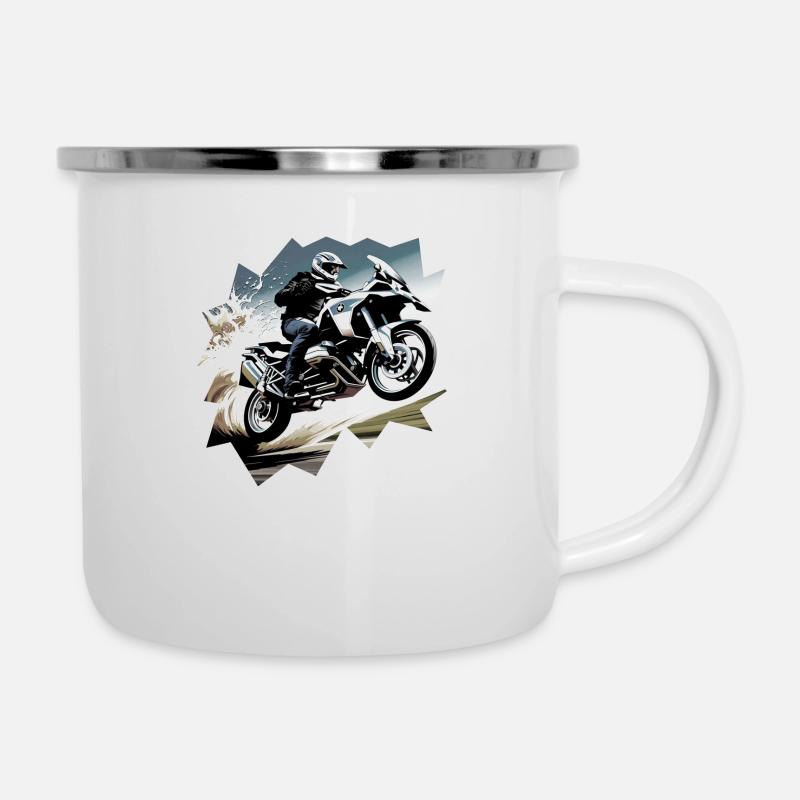 Motorrad fliegt durch die Luft - Emaille-Tasse - Weiß