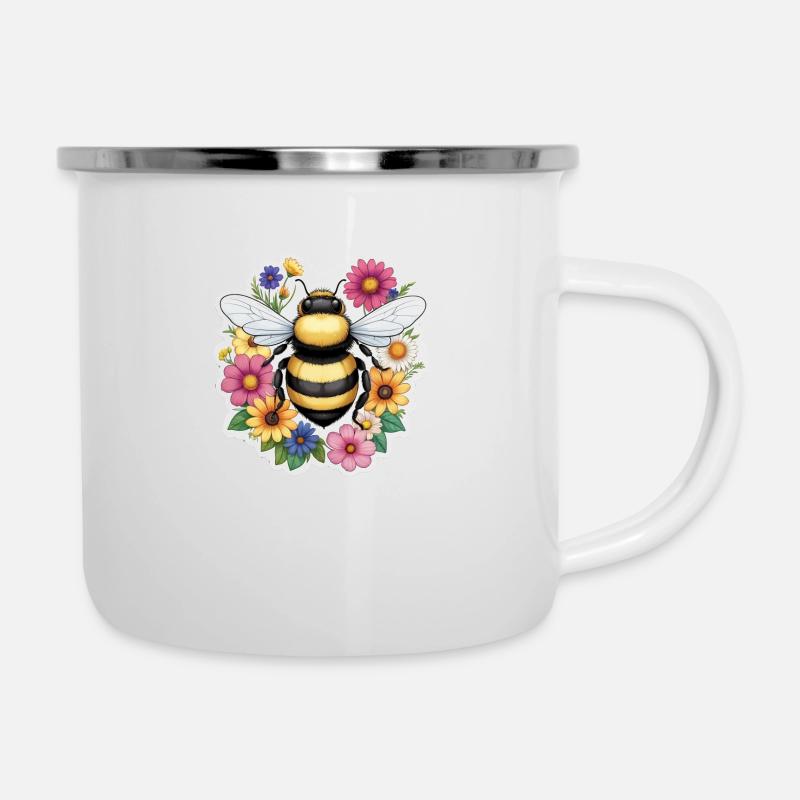Biene mit Blümchen - Emaille-Tasse - Weiß