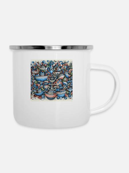 Design mit Schiffen - Emaille-Tasse - Weiß