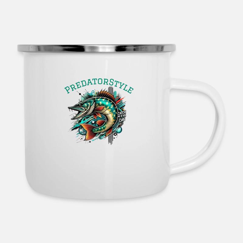 Dynamischer Raubfisch – “Catch Me If You Can” - Emaille-Tasse - Weiß
