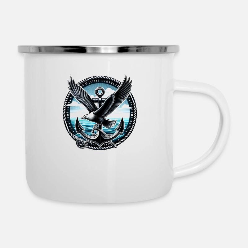 Möwe mit Anker - Emaille-Tasse - Weiß