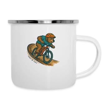 Bär im Anlieger – Actionreicher MTB Cartoon-Style - Emaille-Tasse - Weiß - Rechts