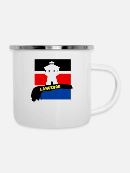Langeoog mit Wasserturm, Fahne & Umriss - Emaille-Tasse - Weiß