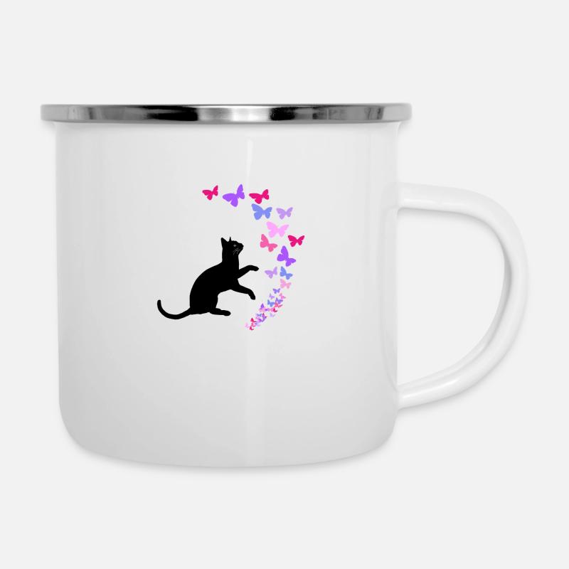 Chat noir et conception de papillons colorés - Tasse émaillée - blanc