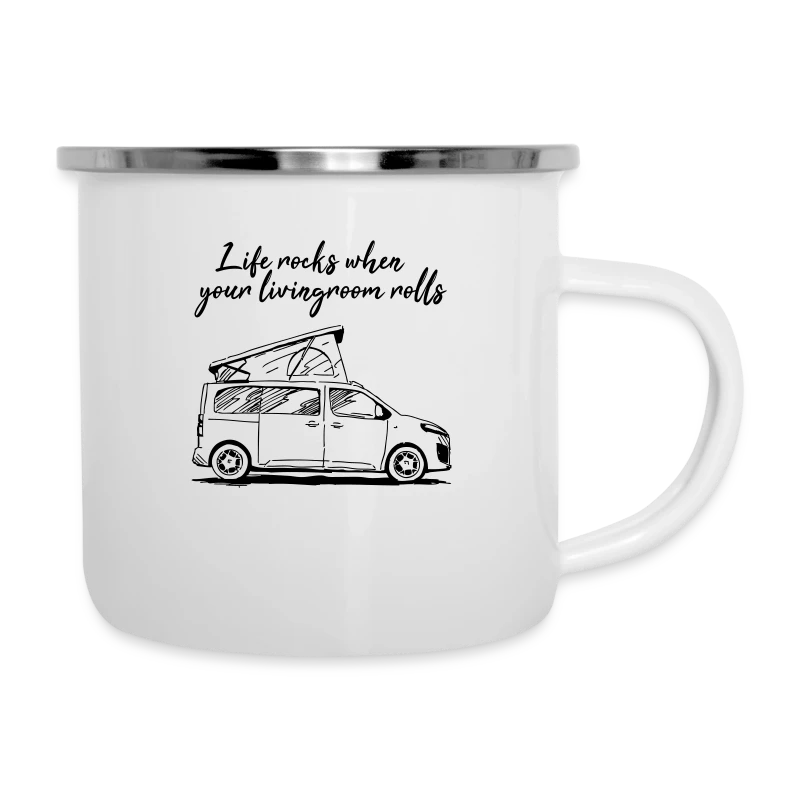 Camper Art - Life rocks when your livingroom rolls - Emaille-Tasse