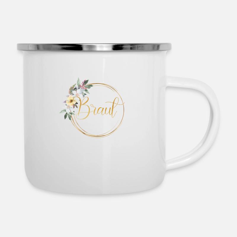 Team Braut! Blumen Kranz personalisierbar - Emaille-Tasse - Weiß