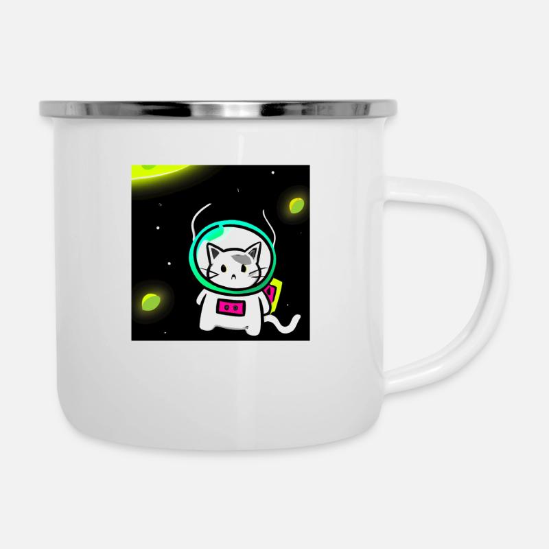 Katze im Weltall - Emaille-Tasse - Weiß