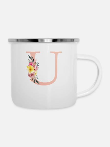 U Monogramm Floral - Emaille-Tasse - Weiß