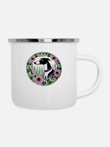 Schwarz-weißer Windhund - Emaille-Tasse - Weiß