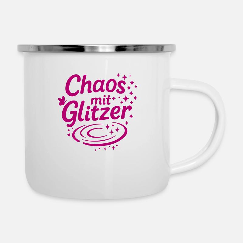 "Chaos mit Glitzer" - Emaille-Tasse - Weiß