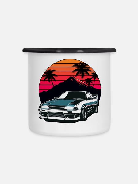 JDM-Auto Japanische Retro-Autorenn-Drift-Legende - Emaille-Tasse - Weiß/Schwarz