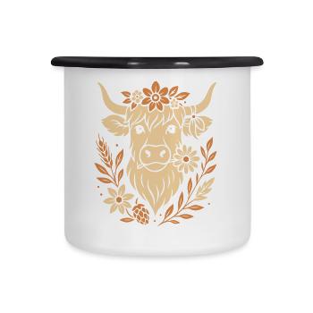 Vache Highland - Boeuf Highland avec fleur - Tasse émaillée - blanc/noir - Devant