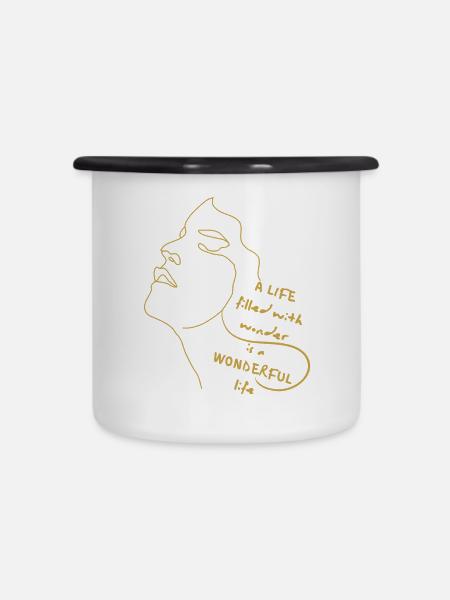 Leben voller Wunder – Linienkunst Zitat - Emaille-Tasse - Weiß/Schwarz