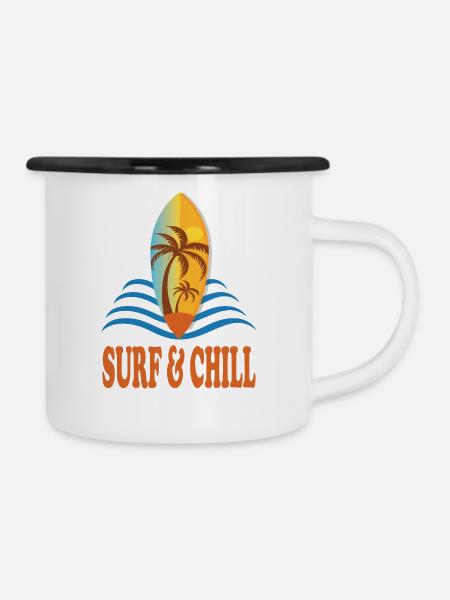 Surf and Chill - Emaille-Tasse - Weiß/Schwarz