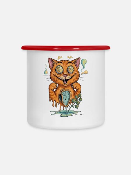 Surrealer Katzentraum - Emaille-Tasse - Weiß/Rot