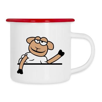 Schaf Winkt Hinter Mauer Zaun Schild Cool Lächeln - Emaille-Tasse - Weiß/Rot - Rechts