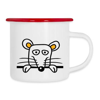 Maus Ratte hinter Mauer Zaun Schild guckt lustig - Emaille-Tasse - Weiß/Rot - Rechts