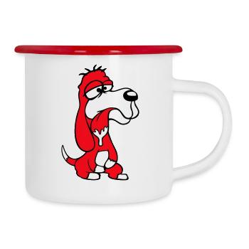Hund Sitzt Sabbert Spucke Zunge Lustig Dumm Comic - Emaille-Tasse - Weiß/Rot - Rechts