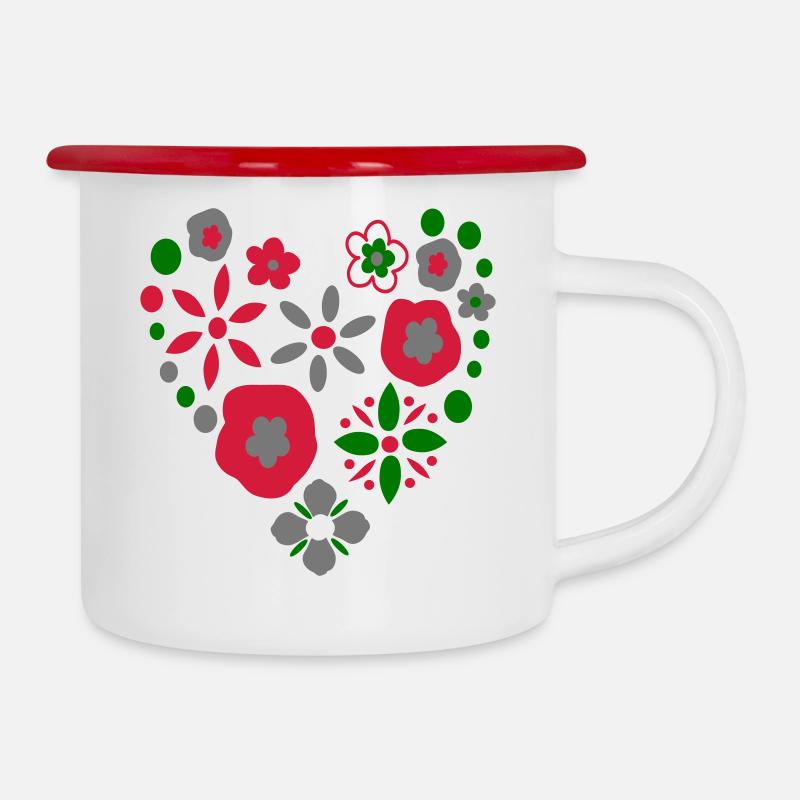 Herz Blumen - Emaille-Tasse - Weiß/Rot