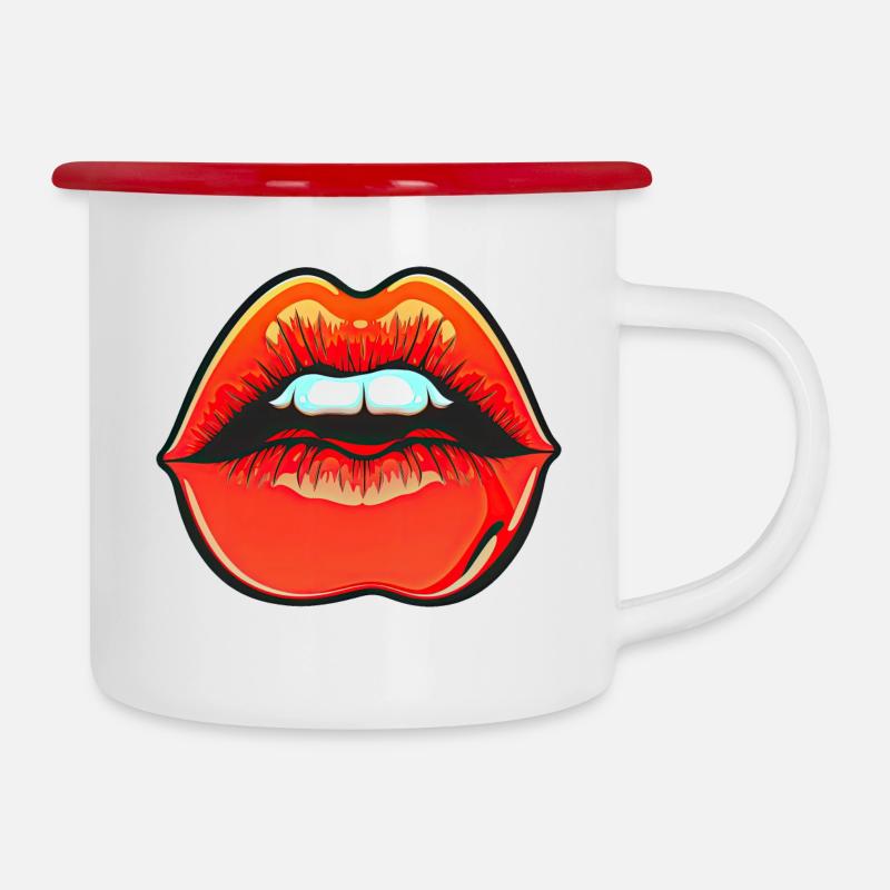 Neckende rote Lippenstiftlippen - Emaille-Tasse - Weiß/Rot
