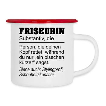 Friseurin Definition - Geschenk Haarstylistin - Emaille-Tasse - Weiß/Rot - Rechts