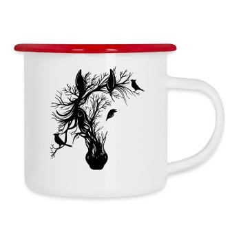 Tête de cheval noire avec des oiseaux - Tasse émaillée - blanc/rouge - Droite