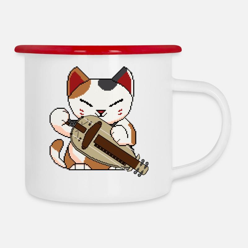 Katze spielt Drehleier - Emaille-Tasse - Weiß/Rot
