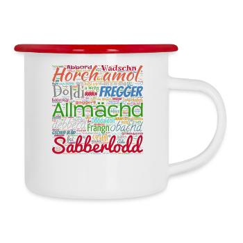 Fränkische Wörter - Emaille-Tasse - Weiß/Rot - Rechts
