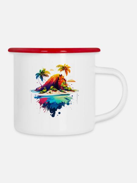 Beautiful Island Illustration | Südsee Insel - Emaille-Tasse - Weiß/Rot