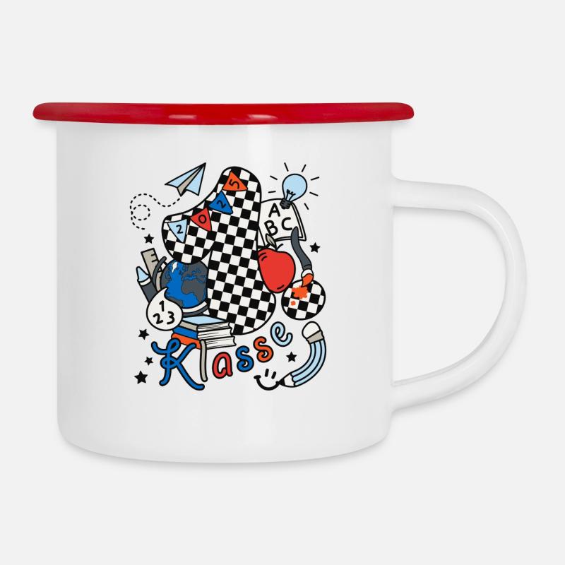 Schulkind 2025 Einschulung erste Klasse Doodle - Emaille-Tasse - Weiß/Rot