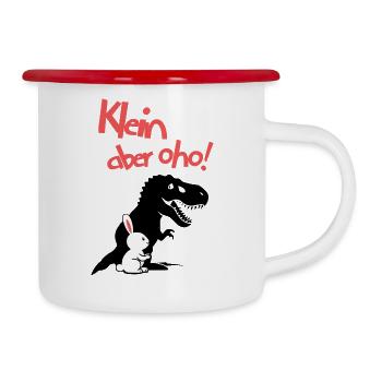 Klein, aber oho! Starker Hase mit T-Rex Schatten - Emaille-Tasse - Weiß/Rot - Rechts