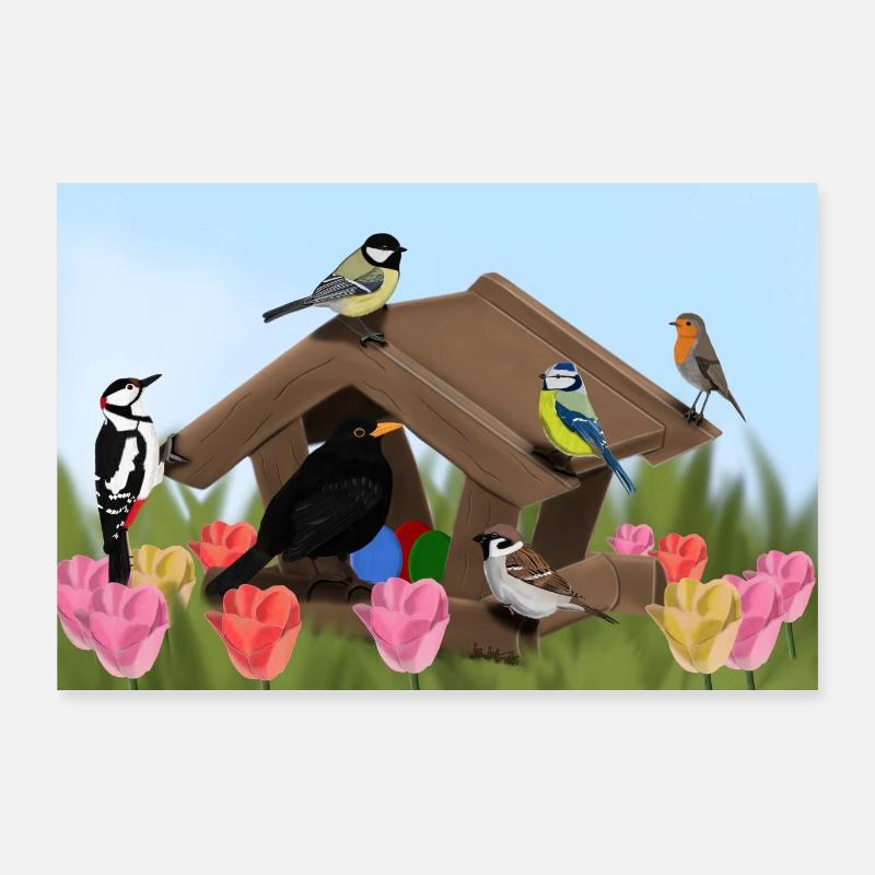 Vogelmotiv Ostern Vögel am Vogelfutterhaus Poster 90x60 cm