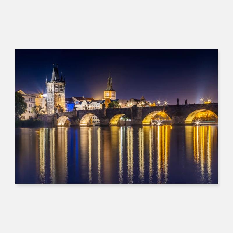 Impression nocturne du pont Charles à Prague - Poster 90 x 60 cm - blanc