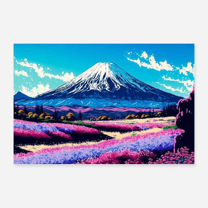 Prairie fleurie devant un volcan - Poster 90 x 60 cm - blanc
