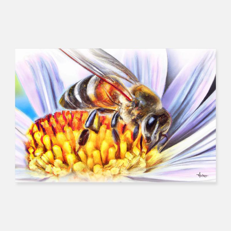 Abeille sur fleur en dessin, poster apiculture Poster 90 x 60 cm
