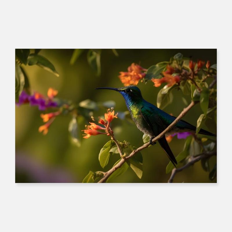 Blau-grüner Kolibri im Baum bei Abendsonne Poster 90x60 cm