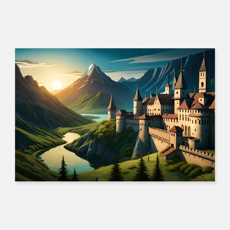 Beau paysage château médiéval dans les montagnes Poster 90 x 60 cm