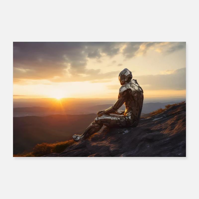Nachdenklicher Android beim Sonnenutergang Poster 90x60 cm