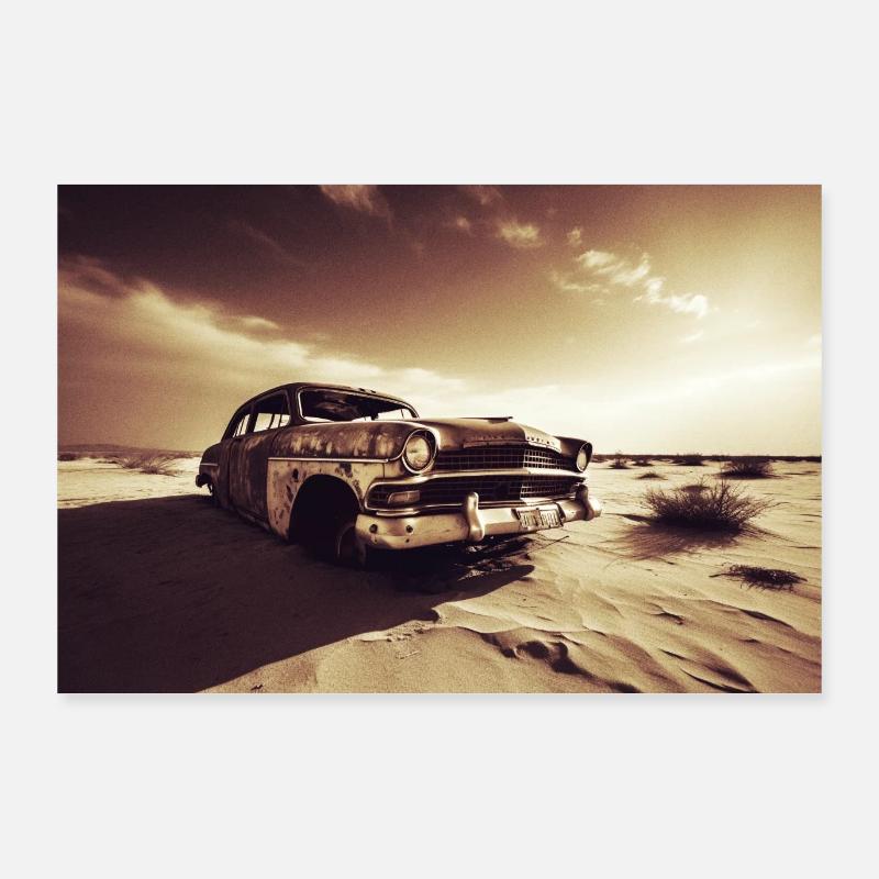 Verlassenes Oldtimer-Auto in der Wüste, S/W Sepia Poster 90x60 cm