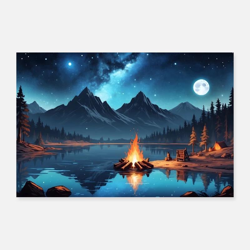 Lac de montagne dans le style de dessin animé Poster 90 x 60 cm