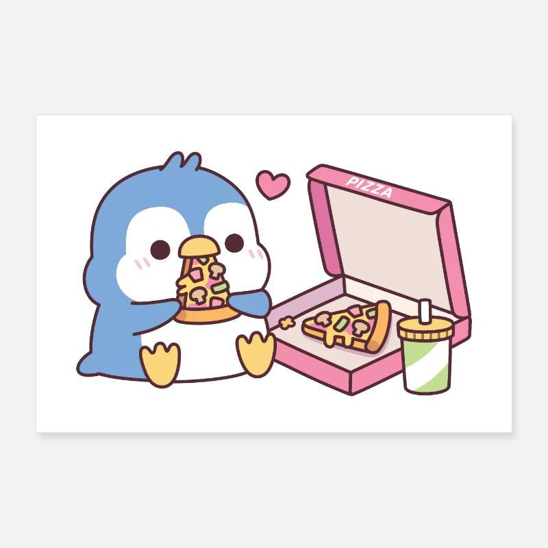 Le mignon pingouin bleu adore manger de la pizza Poster 90 x 60 cm
